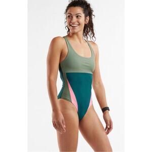 Title Nine Tideturn Green Pink Colorblock One Piece Swimsuit Size L